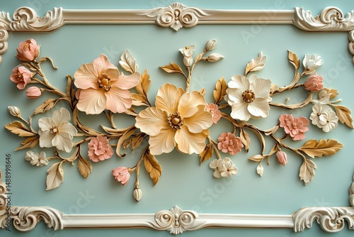 Detailed floral relief carving on a light blue panel.
