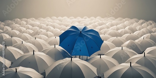 Single blue umbrella among many white ones photographed from above, representing leadership, distinction, and visual contrast in a crowd or corporate concept



