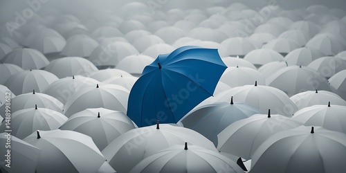 Single blue umbrella among many white ones photographed from above, representing leadership, distinction, and visual contrast in a crowd or corporate concept


