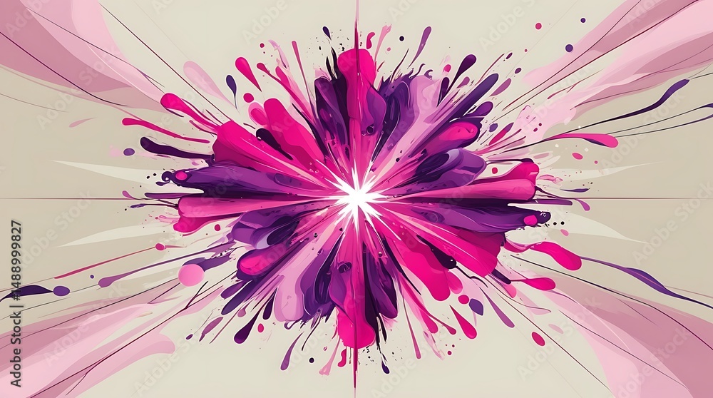 Obraz premium Bold symmetrical abstract design in bright pink and purple tones resembling a blooming flower, ideal for wallpaper, backdrop, creative projects, and contemporary decor