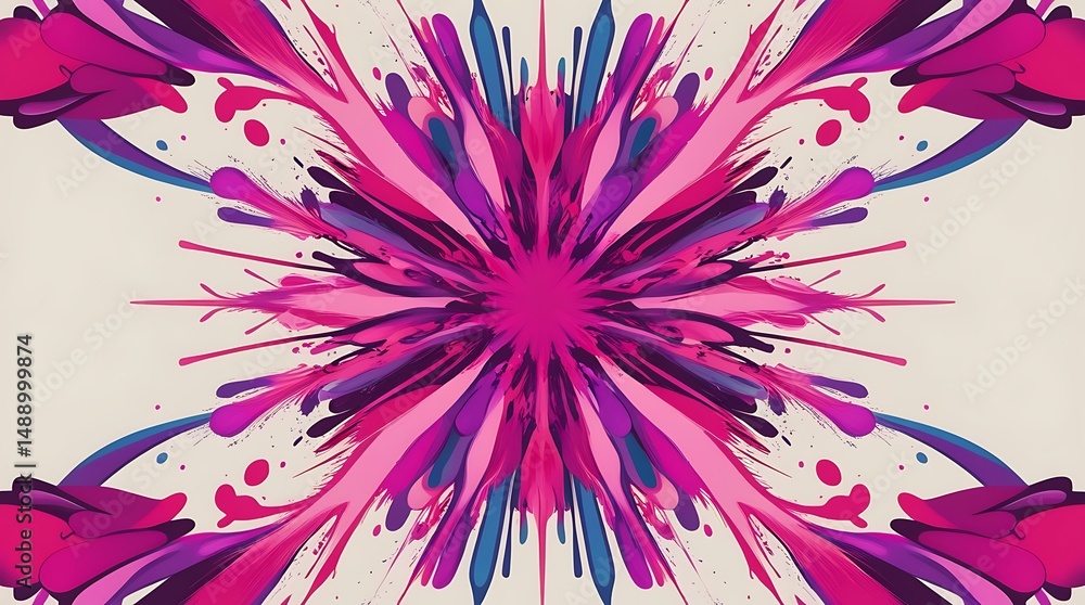 Obraz premium Bold symmetrical abstract design in bright pink and purple tones resembling a blooming flower, ideal for wallpaper, backdrop, creative projects, and contemporary decor