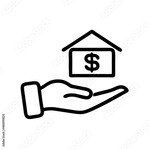 Hand holding house with dollar symbol in minimalist line art style 