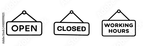 Open and closed signs displaying working hours in minimal style, icons set, vector 