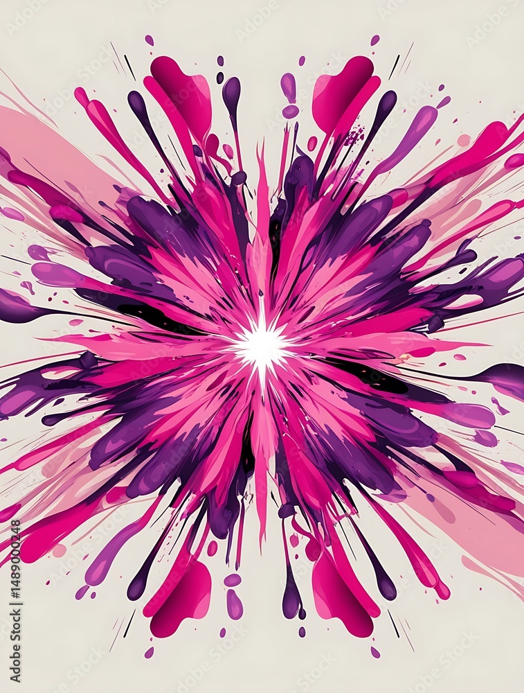 Obraz premium Vibrant abstract flower-like artwork with symmetrical explosion of pink and purple paint splashes on a light background, perfect for modern design, art, or digital backdrops
