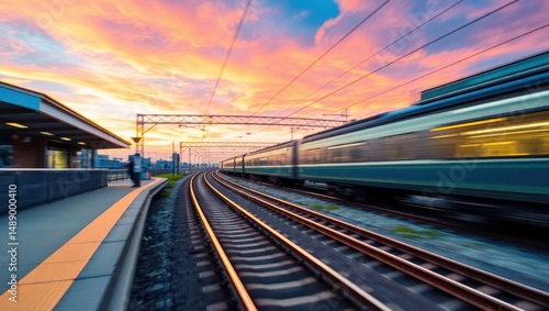 High-Speed Train Departing Railway Station at Sunset Curve