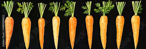 A row of carrots, each one displaying various shades and sizes, arranged in a grid on a black background