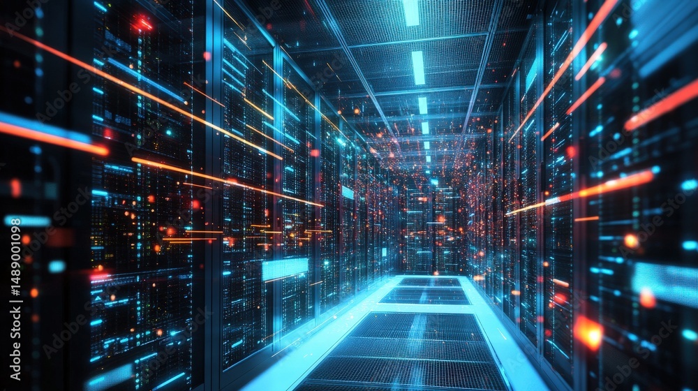 Futuristic server room interior, illuminated by vibrant digital light. Futuristic server room interior, illuminated by vibrant digital light.