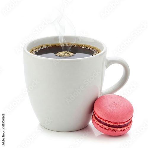 close up Coffee and Macaron isolated on white background, cup of coffee with chocolate