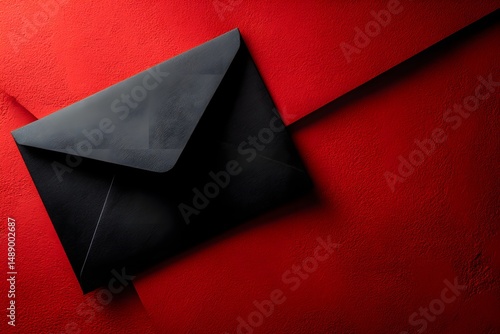 Red Backdrop's Mysterious Correspondence: An intriguing and elegant black envelope on a striking crimson background, hinting at the anticipation of an important letter.