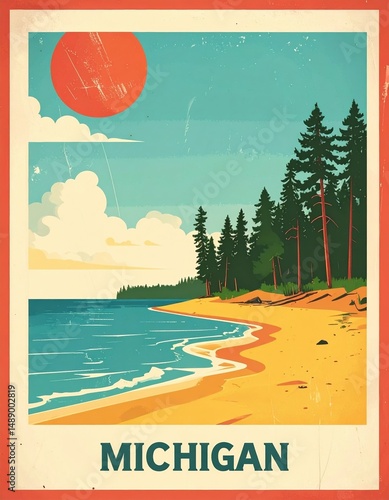 Vintage michigan beach art featuring sun, sea, and pine trees