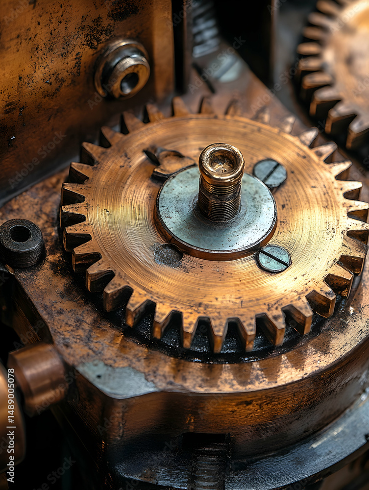 Close-up of aged copper gears intermeshed, showing intricate detail, wear, and patina; a central axle and securing screws are visible Close-up of aged copper gears intermeshed, showing intricate detail, wear, and patina; a central axle and securing screws are visible