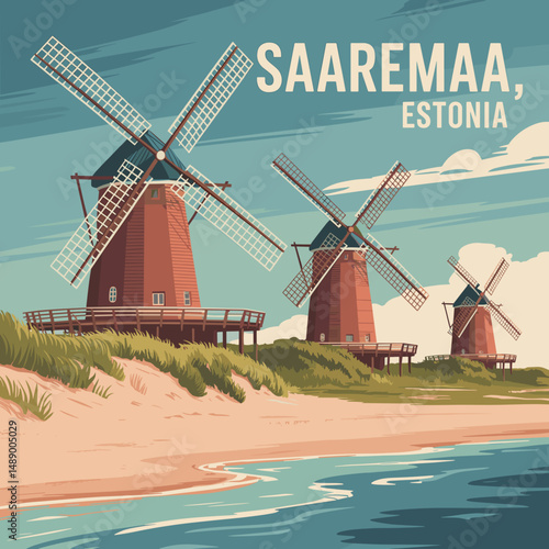 Saaremaa Windmills by the Sea – Estonia Coastal Poster