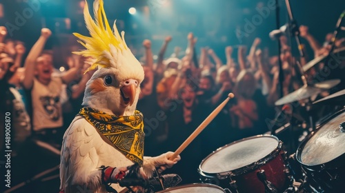 Parrot drummer on stage, crowd cheers