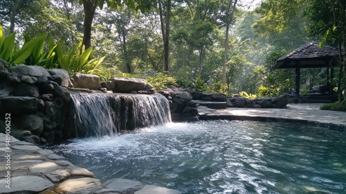 Serene cascade in a lush landscape beckons with tranquility and natural elegance