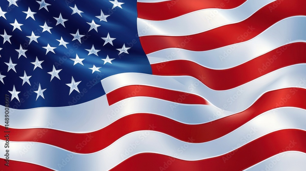 Fototapeta premium A vibrant close-up of an American flag billowing in the wind, showcasing the rich red and white stripes and the deep blue field of stars.