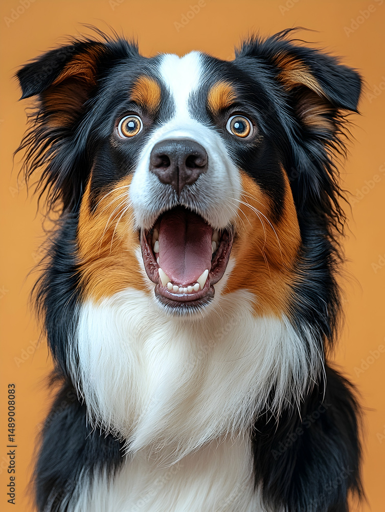 A tri-color dog with wide, surprised eyes and open mouth against a muted orange backdrop A tri-color dog with wide, surprised eyes and open mouth against a muted orange backdrop