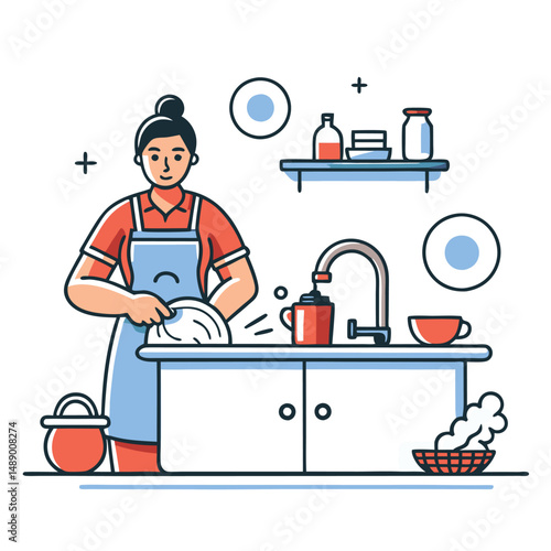 Illustrated Concept of a Person Washing Dishes for Household Chores