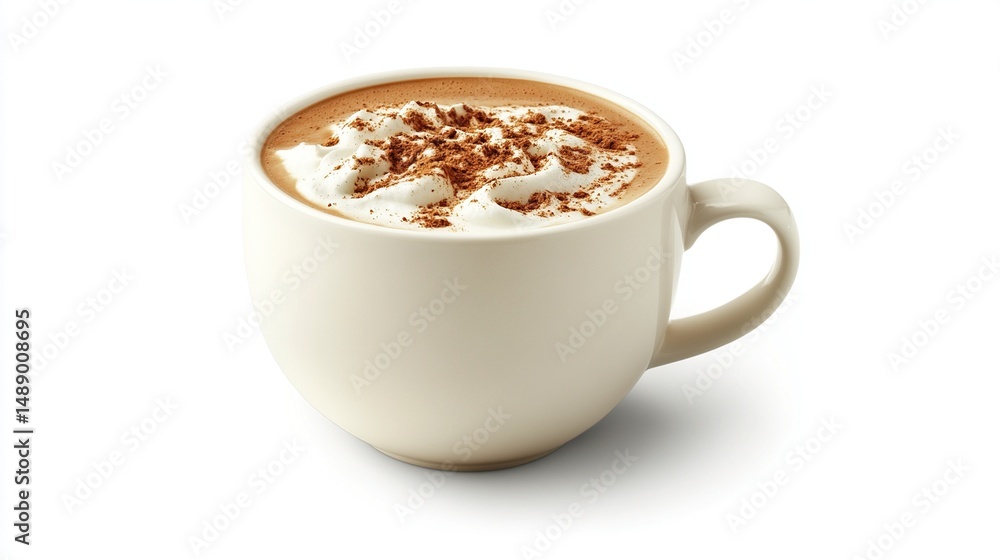Creamy cocoa in mug topped with whipped cream & cocoa powder, isolated on white Creamy cocoa in mug topped with whipped cream & cocoa powder, isolated on white