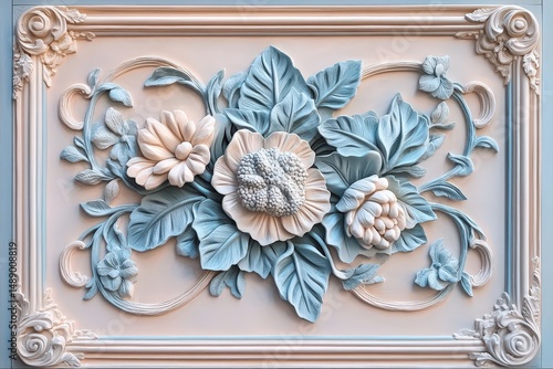 Decorative floral relief panel in pastel colors and ornate frame.