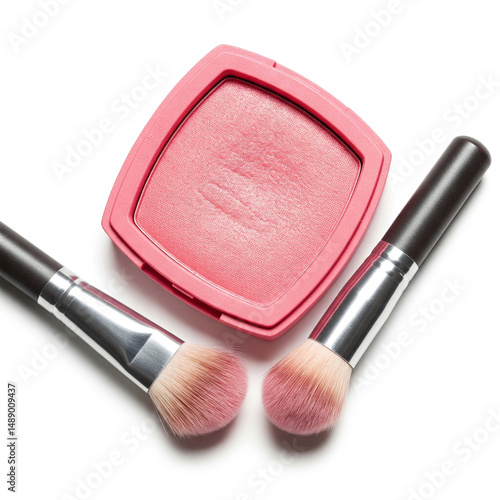 Close-up flat lay of pink blush and a makeup brush, isolated on a white background., makeup brush and powder