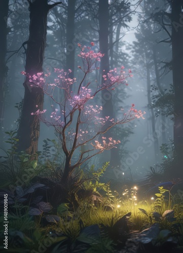 Glowing flora in holographic forest, eerie mist , nature, atmosphere, image