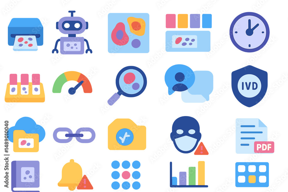 Obraz premium Colorful digital icons representing technology, data analysis, and healthcare applications in a modern style