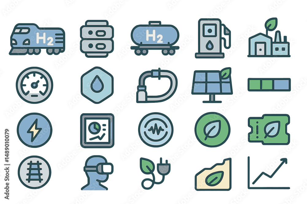 Hydrogen energy icons illustrating various aspects of renewable resources and sustainable technologies Hydrogen energy icons illustrating various aspects of renewable resources and sustainable technologies