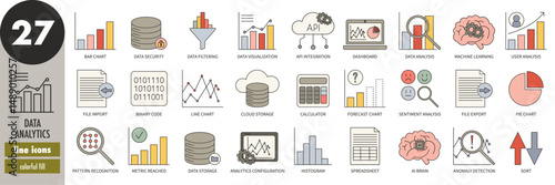 Data analytics - thin line icons set, colorful fill. Data visualization, spreadsheet, pie chart, line chart, bar chart, dashboard, AI, machine learning, forecast, filtering, vector illustration