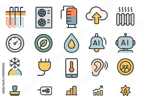 Icons representing various technologies related to home automation and climate control