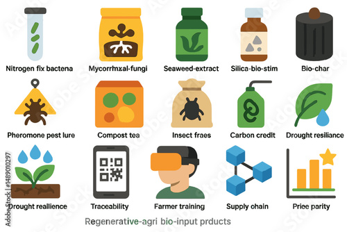 Diverse range of regenerative agriculture bio-input products displayed in various containers for sustainable farming