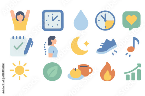 Icons representing wellness activities such as time management, hydration, and exercise for a balanced lifestyle