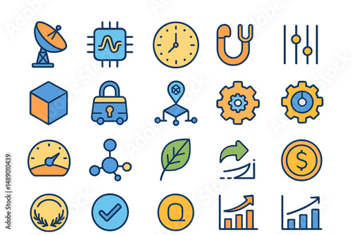 Collection of colorful icons representing technology, nature, and data analysis in a minimalist design