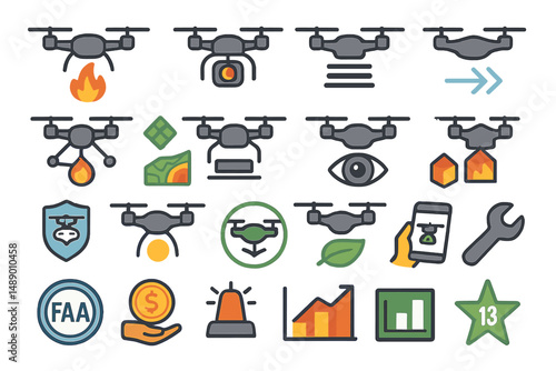 Diverse drone icons depicting various functionalities and features for aerial technology enthusiasts