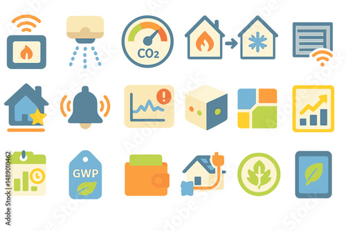 Collection of colorful icons representing environmental monitoring, home management, and renewable energy applications