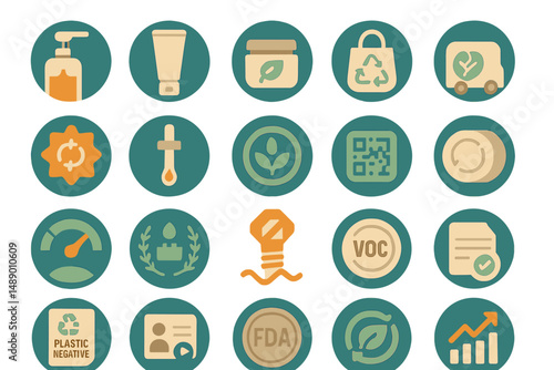 Collection of environmental icons representing sustainability practices and eco-friendly products displayed on a light background