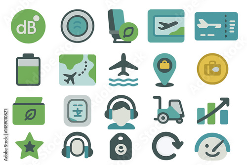 Collection of travel and airport related icons representing various aspects of flying and transportation