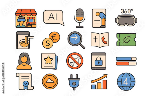 Modern technology icons representing various fields and concepts related to artificial intelligence and data security