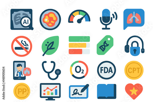 Healthcare icons representing technology, wellness, and regulatory aspects in a modern medical environment