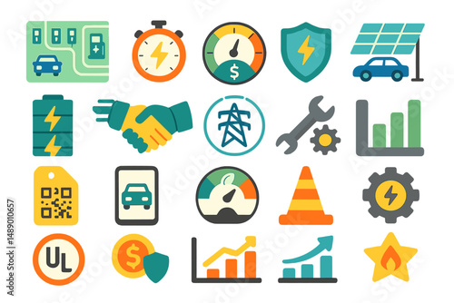 Colorful icons representing electric vehicles, renewable energy, and smart technology for sustainable transport and power management