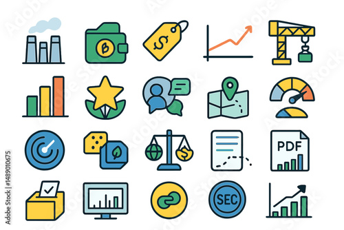 Visual representation of various business and finance concepts including growth metrics and sustainability indicators