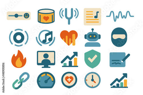 Colorful icons representing music, technology, and health in a digital environment