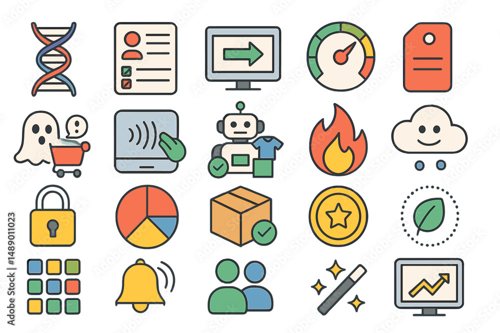 Collection of colorful icons representing technology and digital concepts in a creative layout Collection of colorful icons representing technology and digital concepts in a creative layout