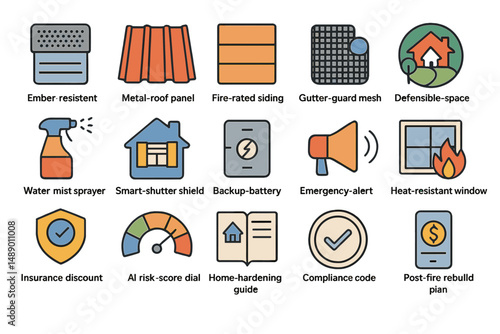 Fire safety and home preparedness symbols displayed for awareness and education on disaster readiness