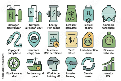 Variety of industrial icons representing energy, agriculture, and environmental sustainability concepts
