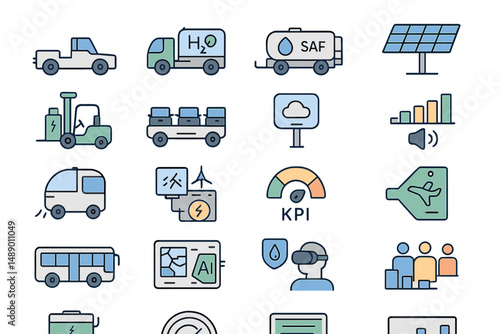 Various icons representing sustainable energy solutions and transportation innovations for a green future