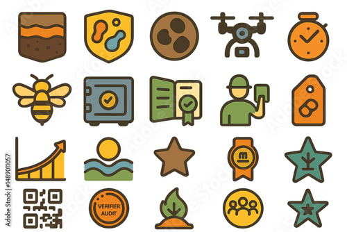Various colorful icons representing technology, nature, and achievements on a simple background suitable for educational or informational use