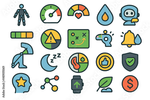 Variety of colorful icons representing health, technology, and well-being in a vibrant design