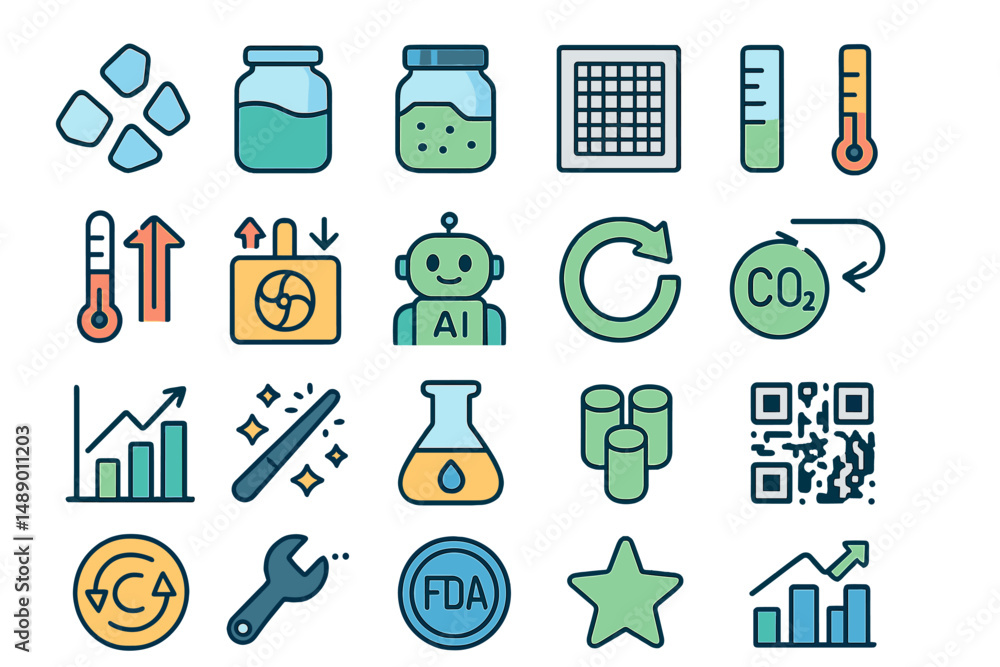 Visual representation of various science and technology concepts in a clean and colorful arrangement for educational purposes Visual representation of various science and technology concepts in a clean and colorful arrangement for educational purposes