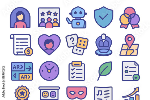 Creative design of various icons representing technology, communication, and achievements in a modern graphic style