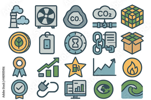 Icons representing environmental issues and solutions displayed in a grid format with various symbols of sustainability and pollution control